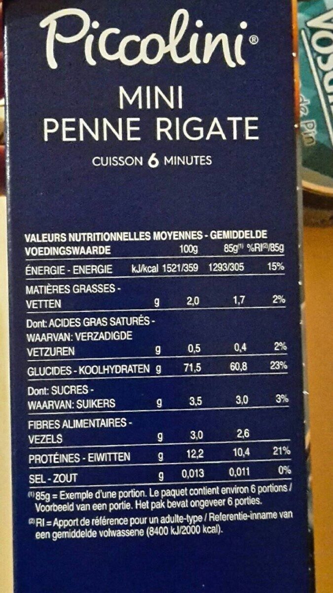 Pâtes Mini Penne Rigate - Nutrition facts - fr